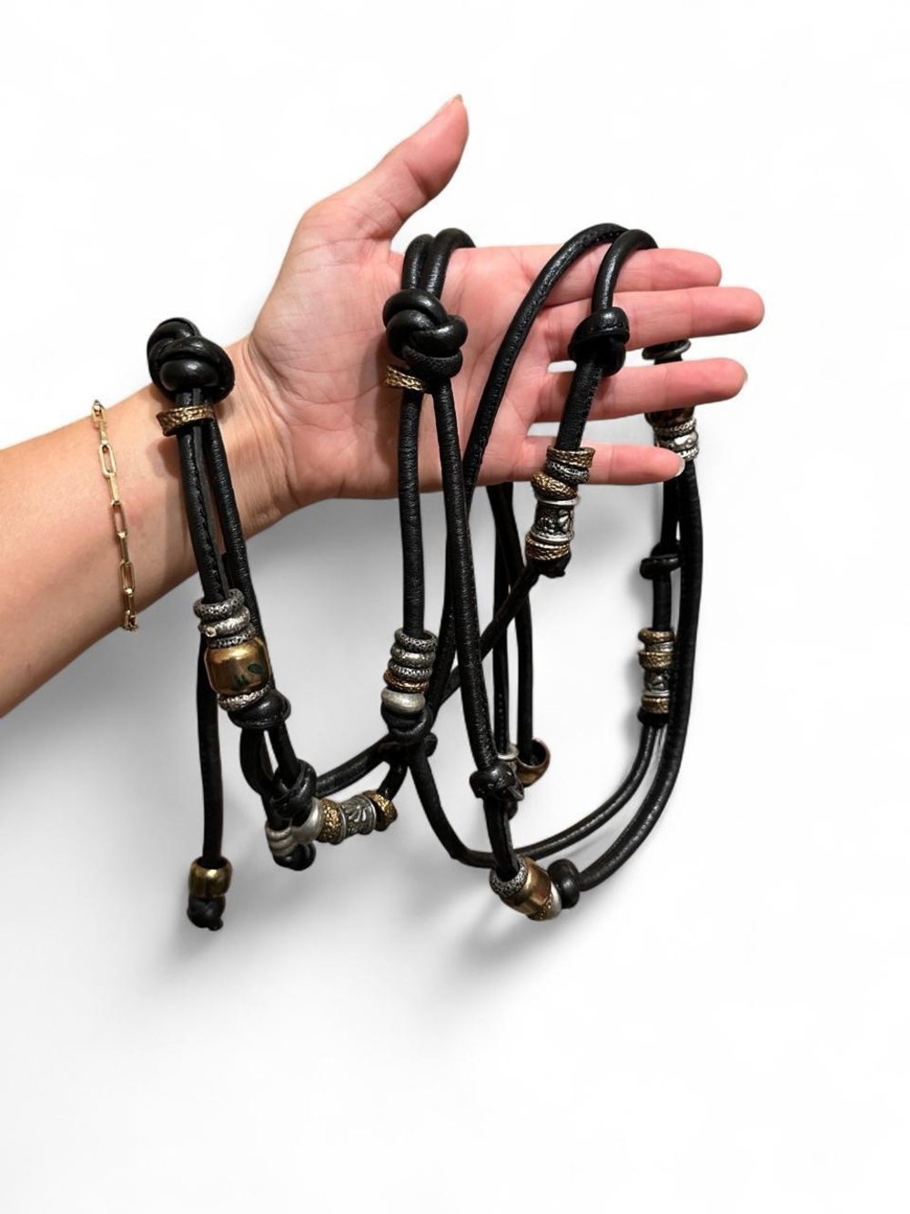 Black Leather Tie Belt with Mixed Metal Beads